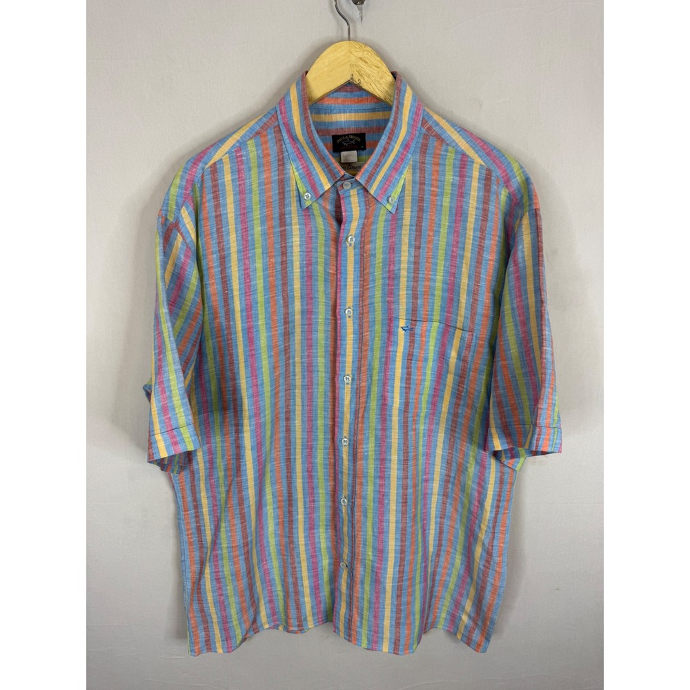 Paul & Shark Yachting Mens Multi Color Striped 100% Linen Shirt Made in Italy 44